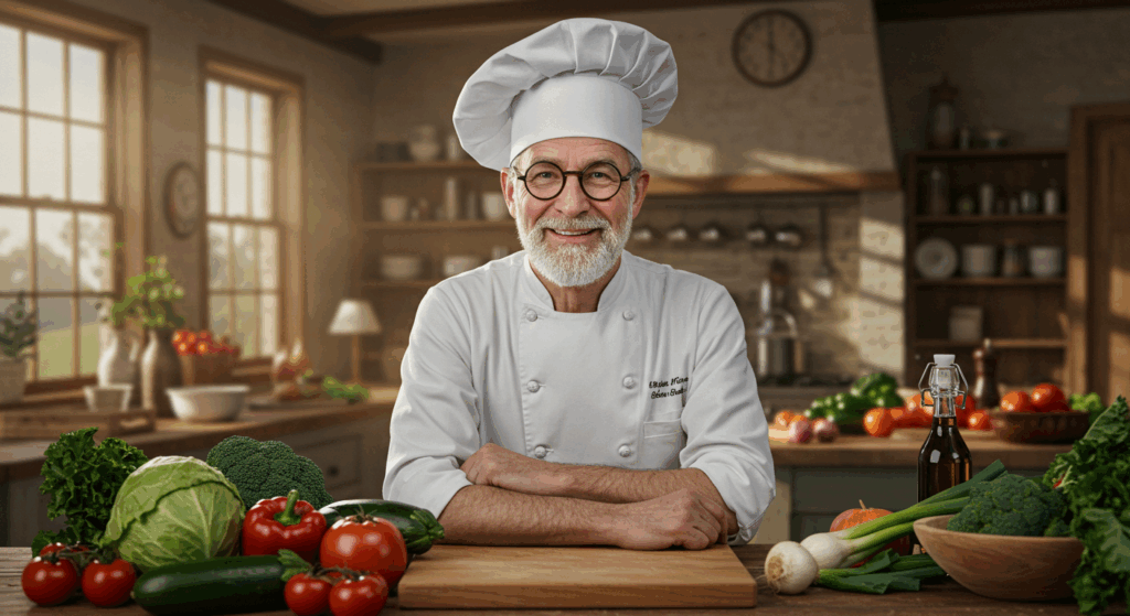 A smiling elderly male chef wearing a white chef’s uniform and hat, standing in a bright rustic kitchen surrounded by fresh vegetables.