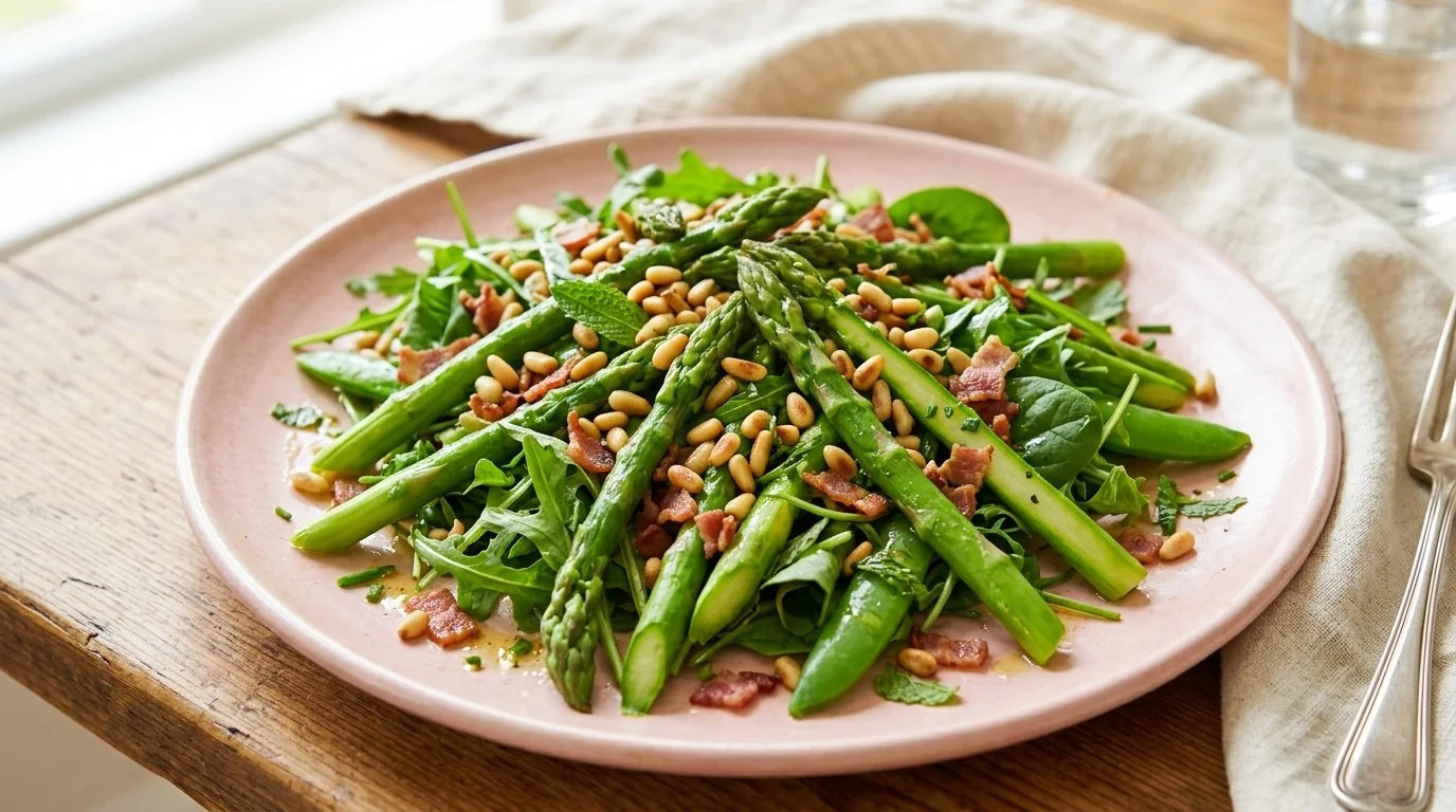 Asparagus with Pancetta & Toasted Pine Nuts — Crispy, Buttery & The Perfect Spring Side Dish 1 Asparagus with pancetta and toasted pine nuts served as a delicious spring side dish