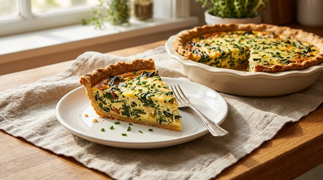 Best-Ever Ham Quiche with Cheese Cracker Crust 1 Best-ever ham quiche with cheese cracker crust served on a plate