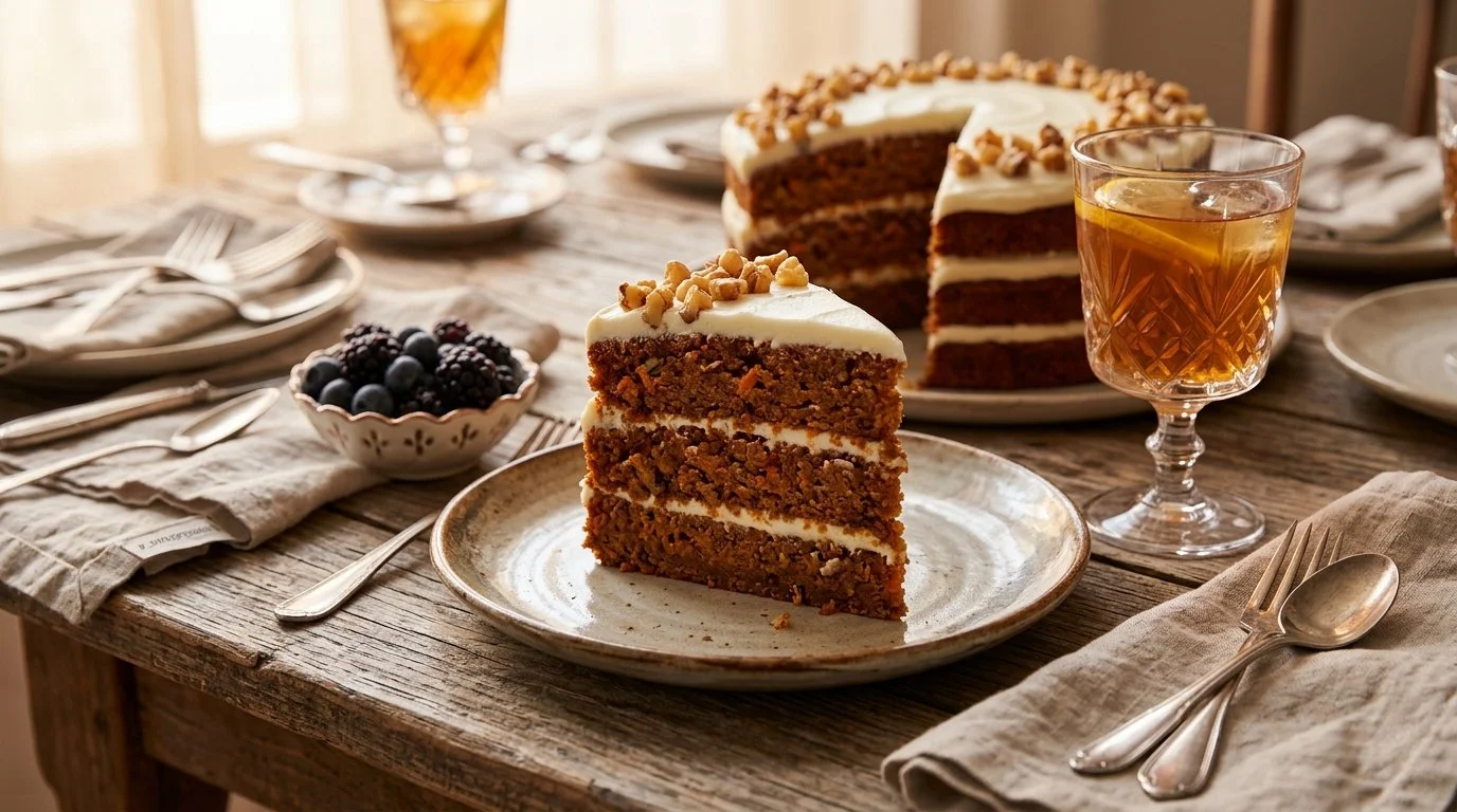 Classic Carrot Cake with Creamy Cream Cheese Frosting – Perfect for Any Occasion 1 Classic carrot cake with creamy cream cheese frosting on a white plate