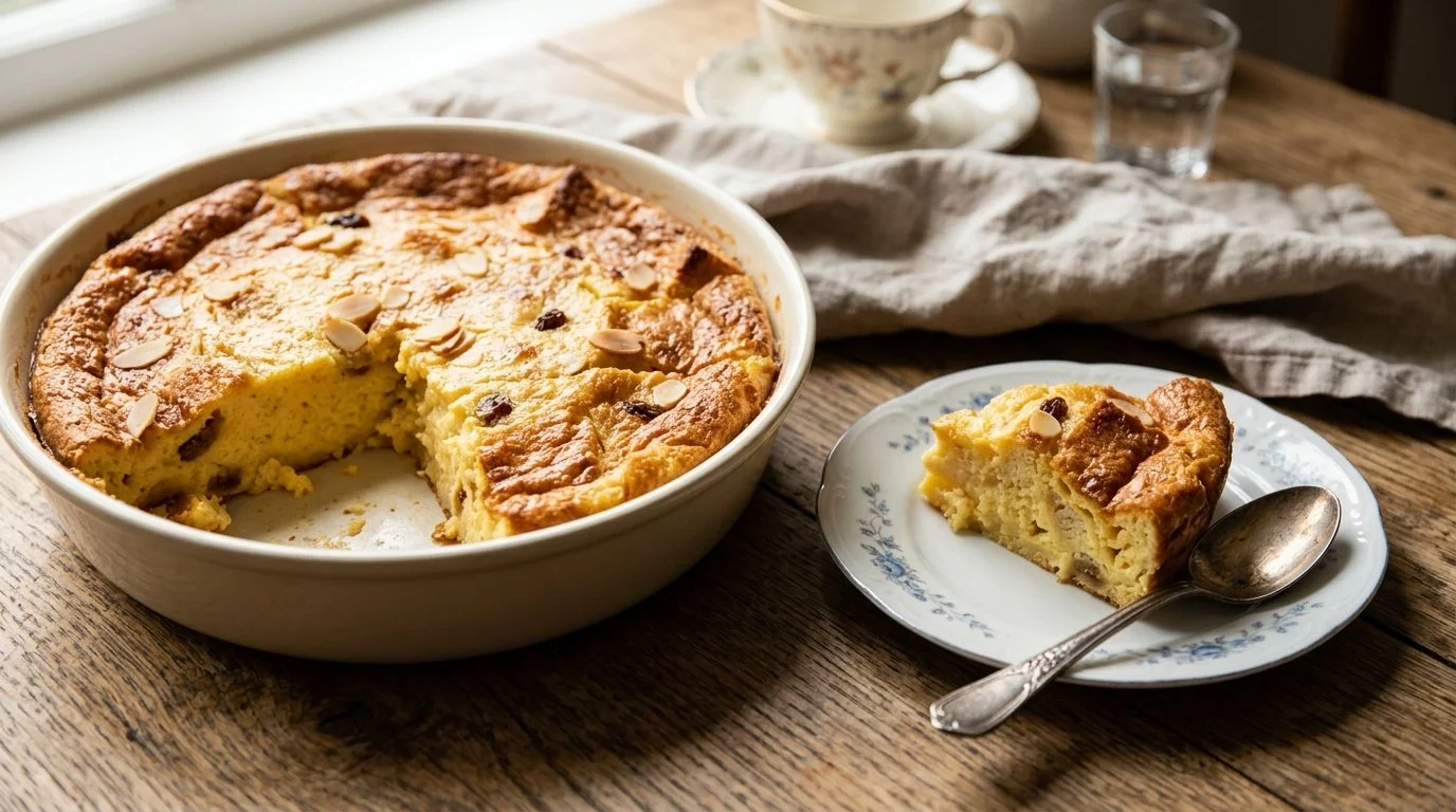 Decadent warm citrus pudding served in a bowl, the ultimate comfort dessert.