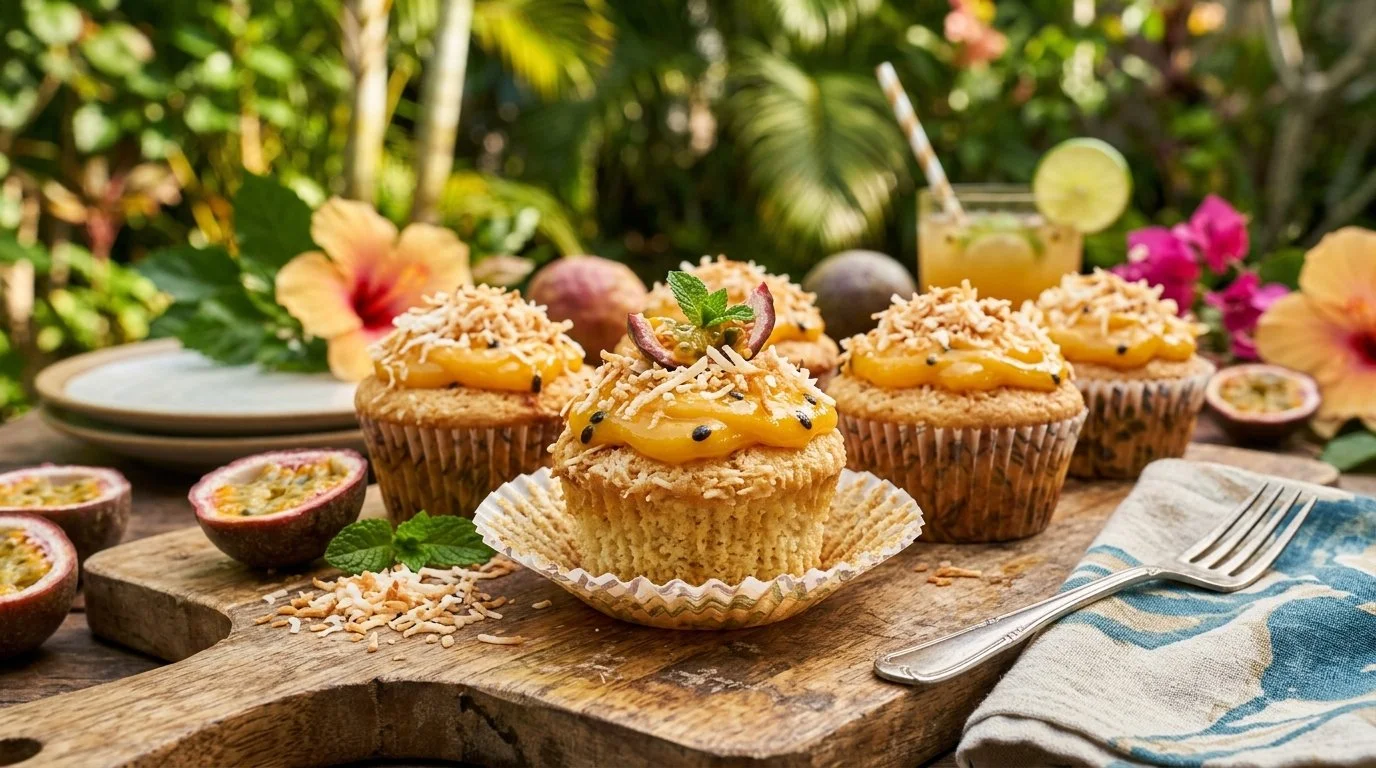 Deliciously decorated toasted coconut cupcakes with passion fruit curd topping