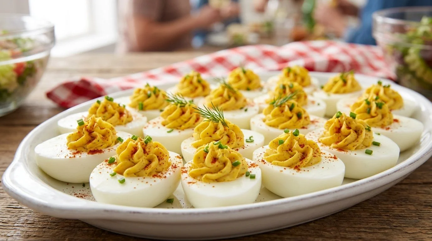 Plate of easy deviled eggs ready in 30 minutes for a gathering