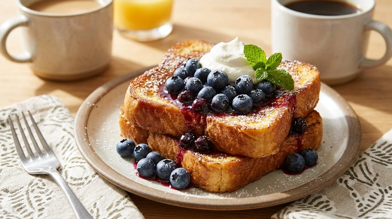 Fluffy Blueberry French Toast – Easy Make-Ahead Brunch! 1 Fluffy blueberry French toast served with syrup and fresh blueberries.