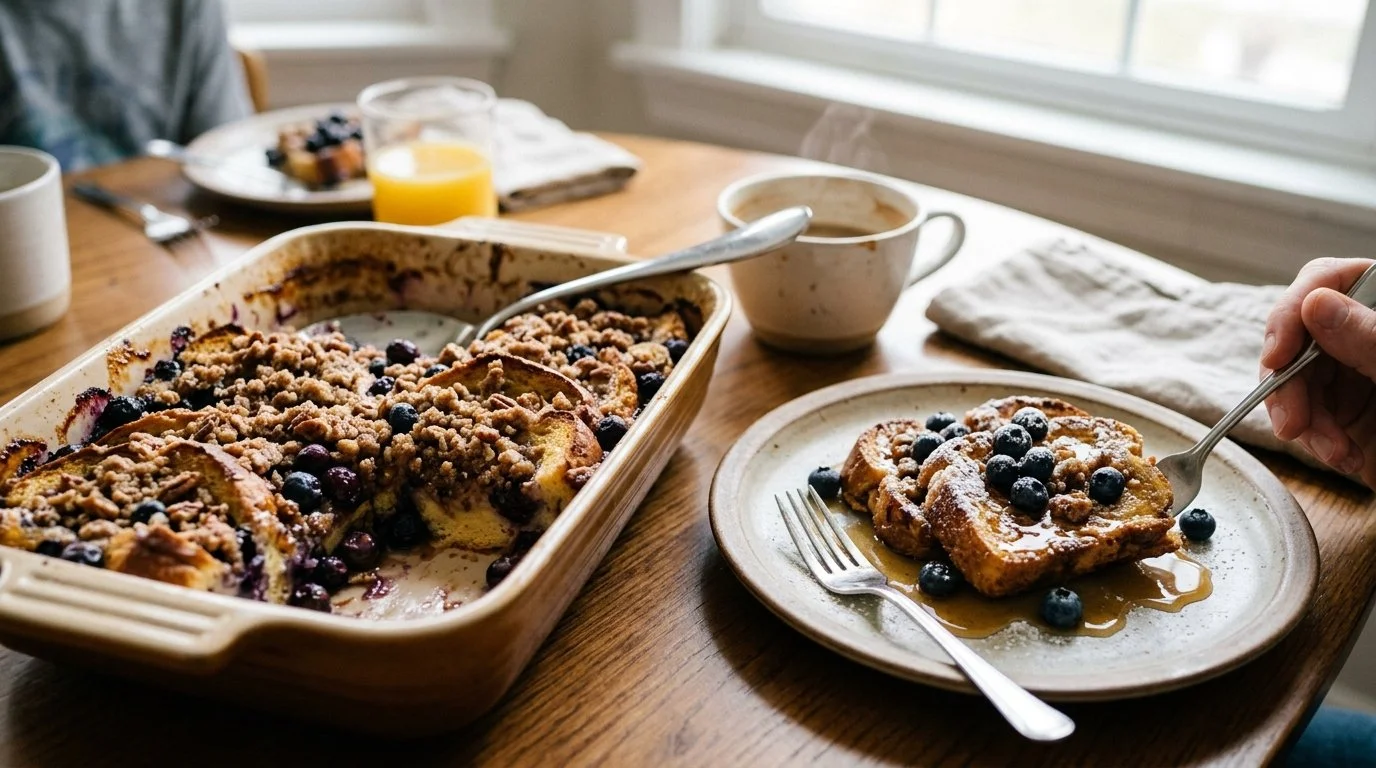 Fluffy overnight blueberry French toast casserole topped with brown sugar streusel