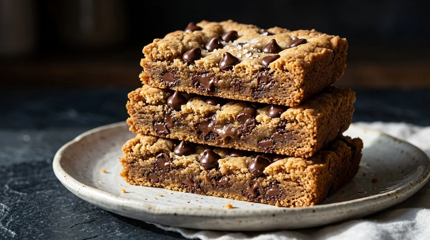 Fudgy cookie butter blondies topped with cookie crumbs and drizzled with caramel