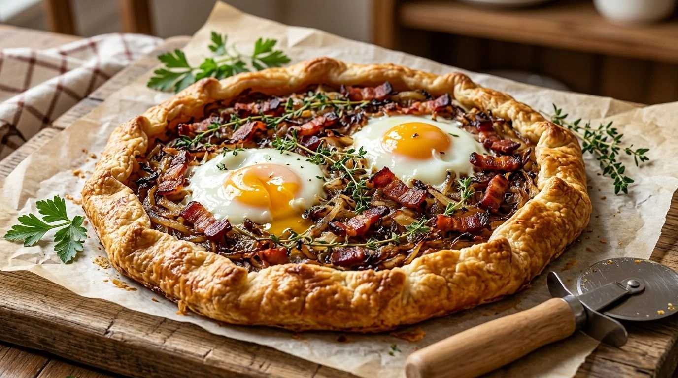 Ham & Gruyère caramelized onion galette topped with a fried egg on a rustic table