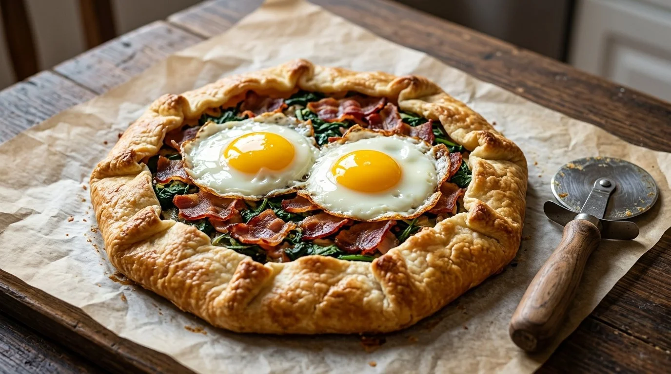 Ham, Gruyere, and Caramelized Onion Galette with a Fried Egg