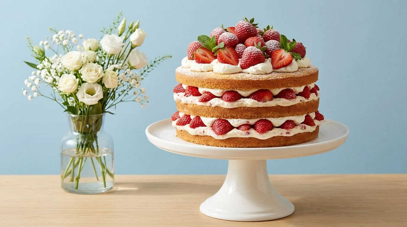 Irresistible Strawberry Not-So-Short Cake – The Ultimate Summer Dessert 1 Delicious strawberry not-so-short cake topped with fresh strawberries
