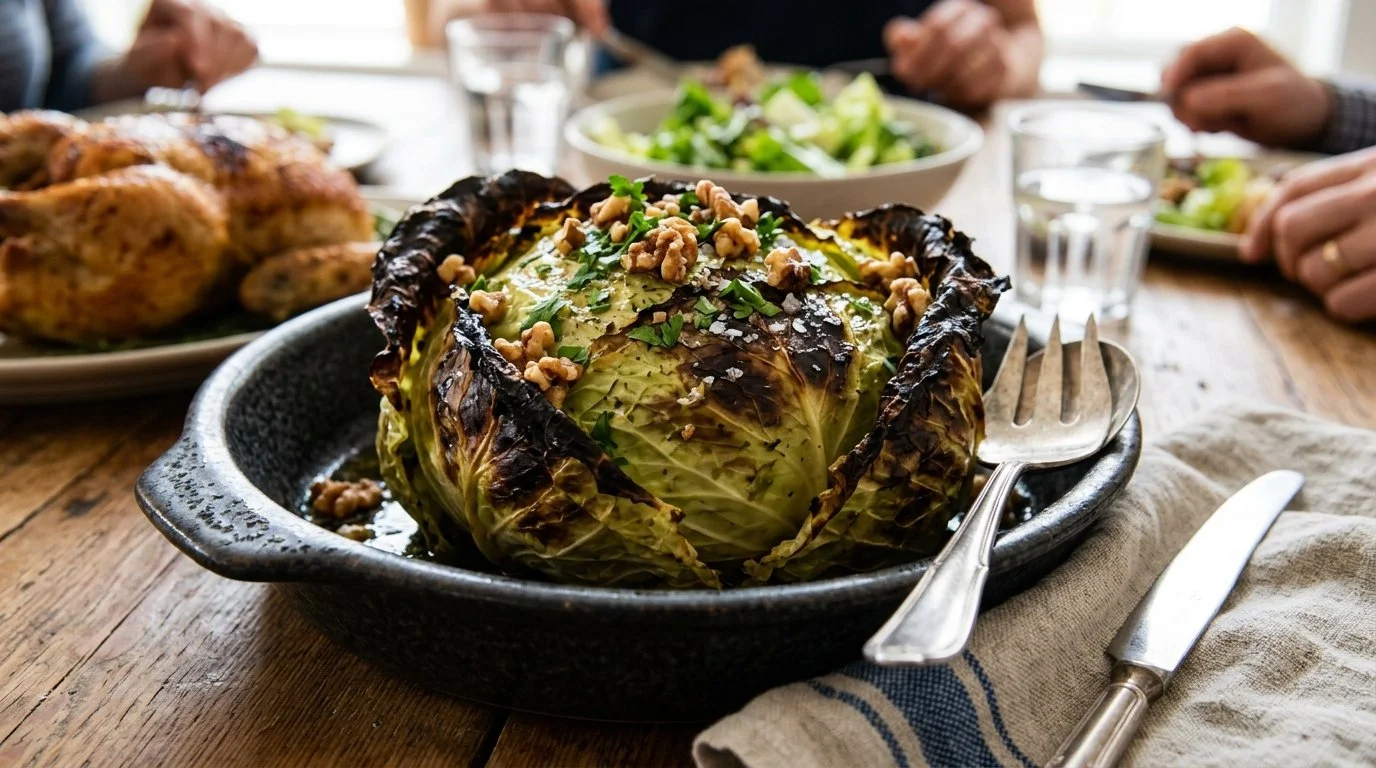 Savory whole roasted cabbage served as a stunning holiday centerpiece.