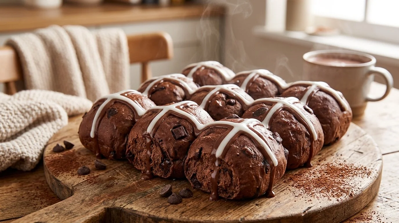 Soft & Fluffy Chocolate Hot Cross Buns – The Ultimate Easter Bake 1 Delicious soft and fluffy chocolate hot cross buns fresh out of the oven.