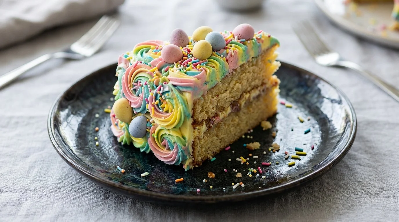 Giant Easter cookie decorated with colorful icing and sprinkles for kids
